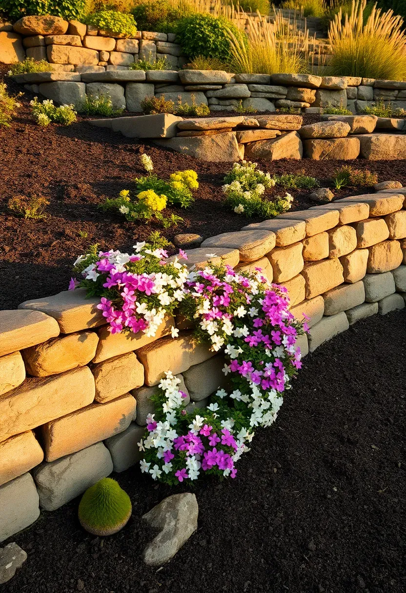 Terraced hillside garden beds with stone retaining walls at multiple levels, planted with cascading perennials and ground cover