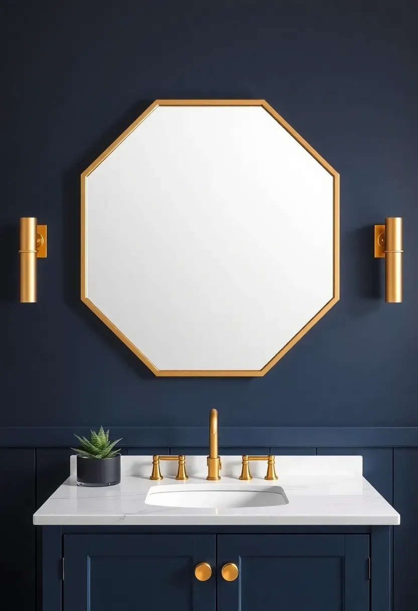 Octagon-shaped bathroom mirror with thin gold frame mounted above a navy blue vanity with white marble counter and brass cup pulls