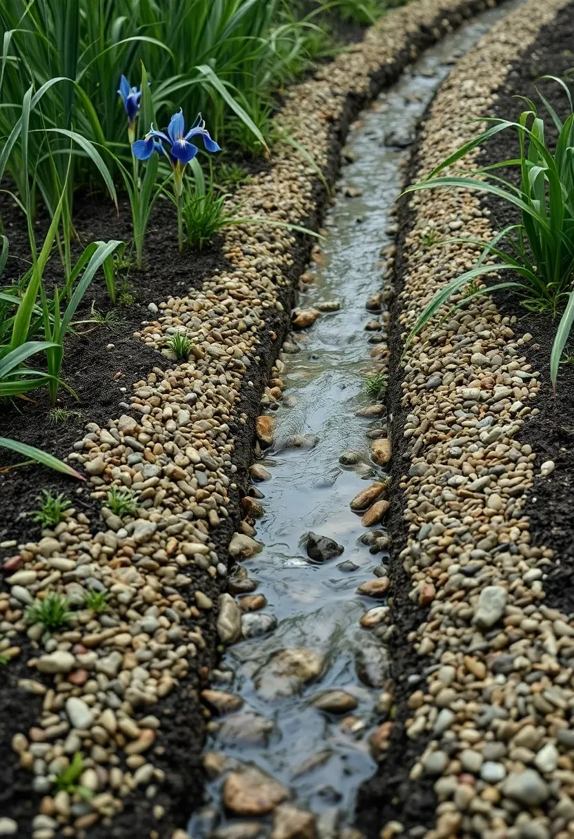 Backyard drainage swale planted with ornamental grasses and rain garden perennials channeling water through a gentle slope