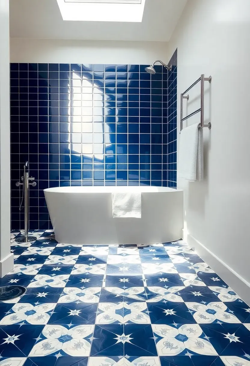 Geometric patterned porcelain floor tiles in navy and white with a bold diamond motif in a bright bathroom