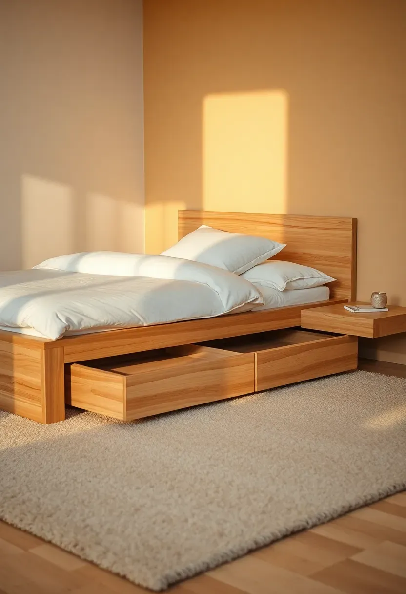 Low platform bed with hidden drawers
