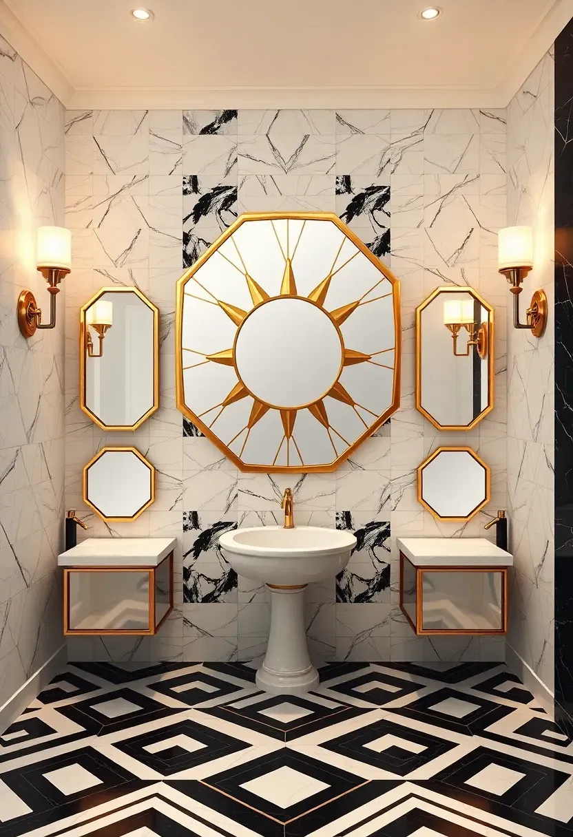Art deco bathroom featuring multiple ornate mirrors, geometric patterns, and vintage glamour details