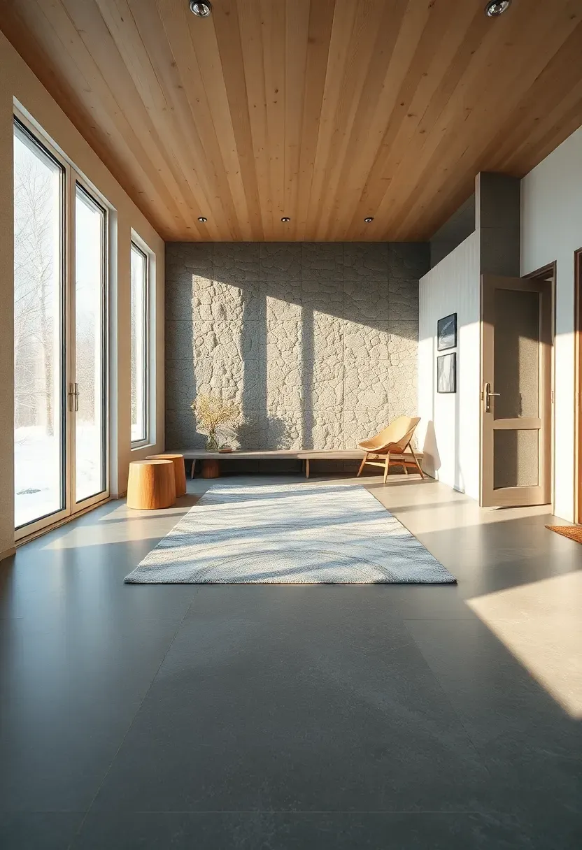 Hyper-realistic 3/4 view of tiny house interior showing polished concrete floor with large area rugs and stone accent wall. Materials: gray polished concrete flooring with visible aggregate, slate tile feature wall from floor to ceiling, light wood ceiling, minimalist modern furnishings. Bright winter sunlight streaming through windows creating warm highlights on stone surfaces, contemporary spa-like aesthetic with organic materials. Shallow depth of field, sharp details on stone textures and concrete polish, visible tiny house scale with thoughtfully placed furniture. No text, no logos, no watermarks.</p>