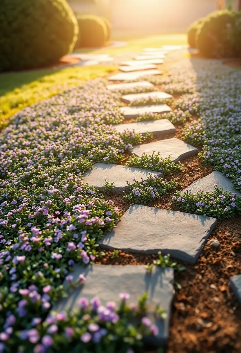 Front yard with creeping thyme ground cover replacing a traditional lawn, covered in tiny purple flowers with stepping stones winding through