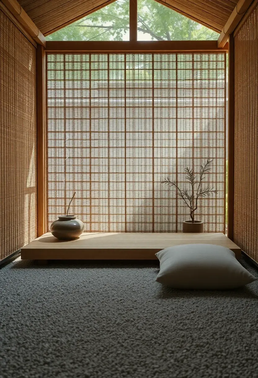 She shed zen garden reading pavilion with low paulownia wood platform daybed, fine white gravel floor, woven bamboo screen wall, ceramic incense holder, and linen floor cushion