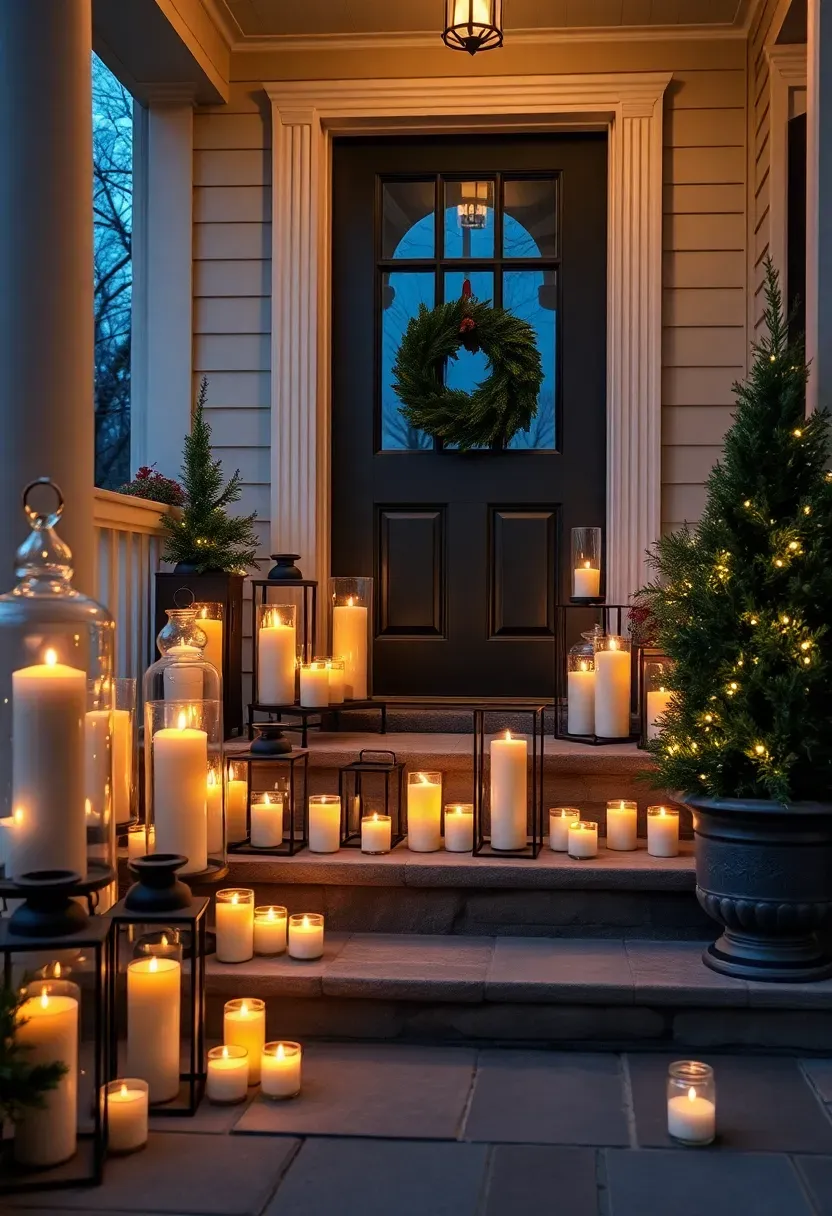 Hyper-realistic 3/4 view of a candlelit front porch Christmas display. Materials: abundant candlelight in varied glass hurricanes of different sizes, black metal lanterns, and small votive holders clustered across porch steps and walkway, warm white LED pillar candles with realistic flicker effect, simple fresh pine wreath on door, two potted cypress trees with white lights. Twilight blue hour setting (3500K), stone porch flooring, cream house exterior with dark trim. Romantic enchanting mood like fine dining restaurant patio. Shallow depth of field, sharp details on glass reflection and candle flame, layered lighting composition. No text, no logos, no watermarks.</p>