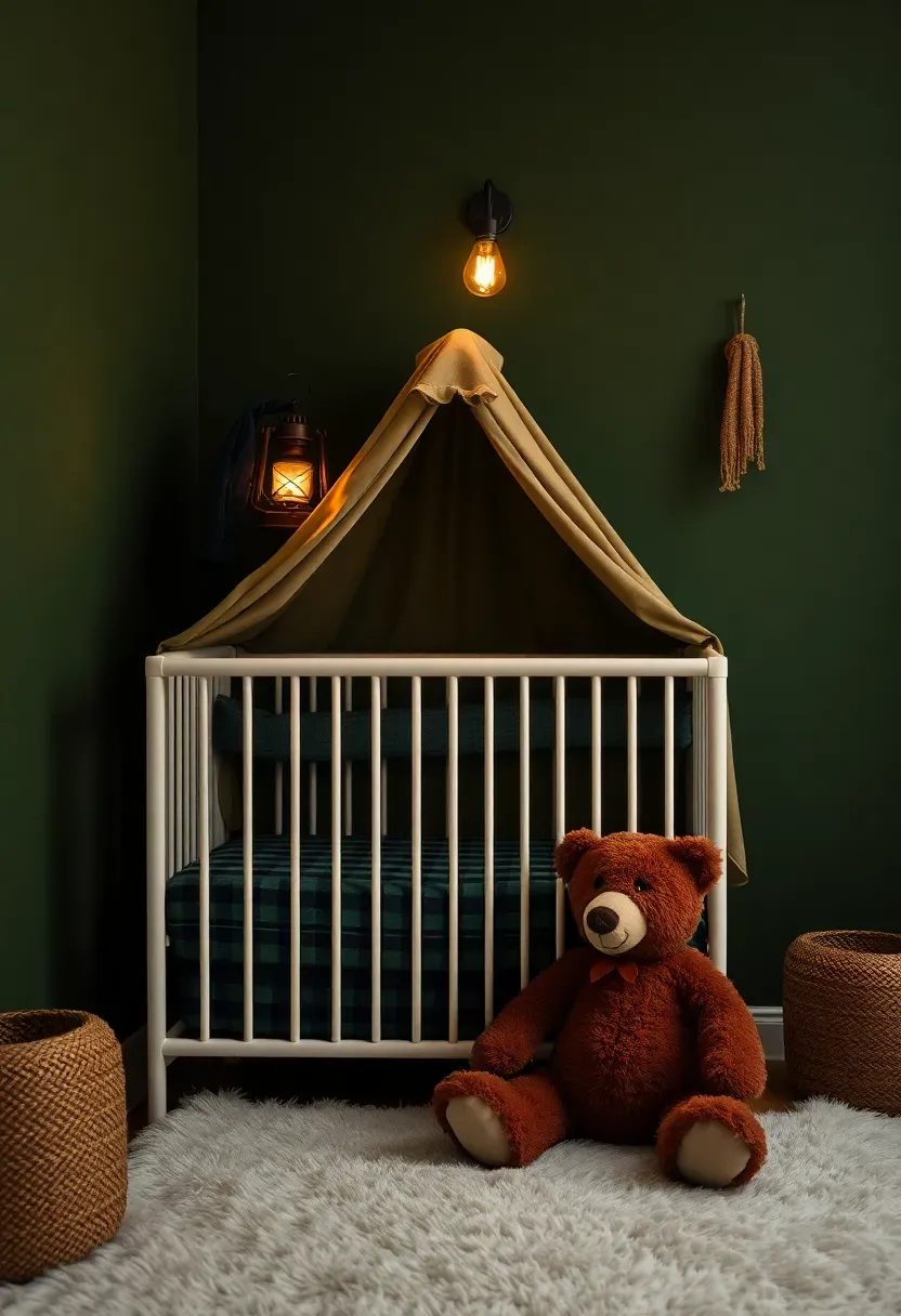 camping themed boy nursery with fabric tent canopy forest green walls lantern light and plush bear