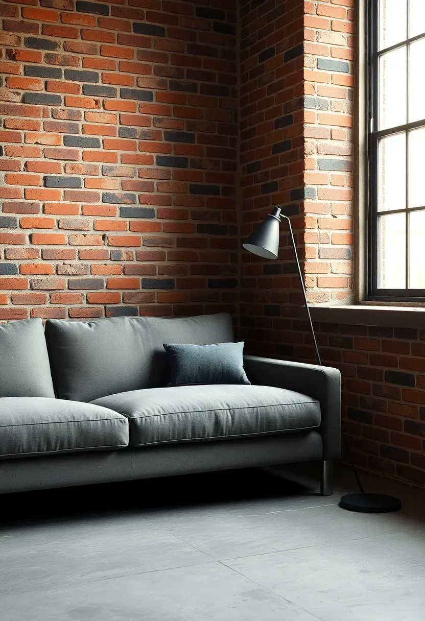 Hyper-realistic 3/4 view of minimalist living room with medium gray sofa against exposed red brick wall, simple black metal floor lamp, light gray concrete floor, single throw pillow in darker gray. Materials: smooth gray fabric, rough textured brick with mortar lines, matte black metal, concrete flooring. Warm natural light from window (4500K), shadows emphasizing brick texture, industrial loft atmosphere. Textured minimalist mood, shallow depth of field, sharp details showing contrast between smooth fabric and rough brick, authentic character, no clutter, no text, no watermarks.</p>