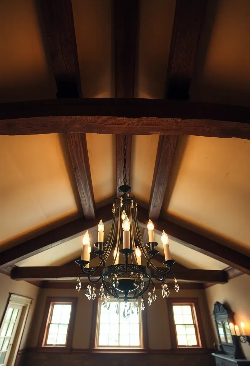 Hyper-realistic upward-angle view of exposed beam ceiling in a tiny colonial great room. Materials: rough-hewed oak beams with natural finish, cream plaster ceiling between beams, wrought iron chandelier with candle-style bulbs. Warm ambient light from chandelier and multi-pane windows, creating shadows that emphasize beam depth and ceiling texture. Shallow depth of field showing beam details and chandelier crystals. Visible room context—glimpse of stone fireplace, wide-plank floors. Authentic colonial mood like restored 18th-century home.</p>