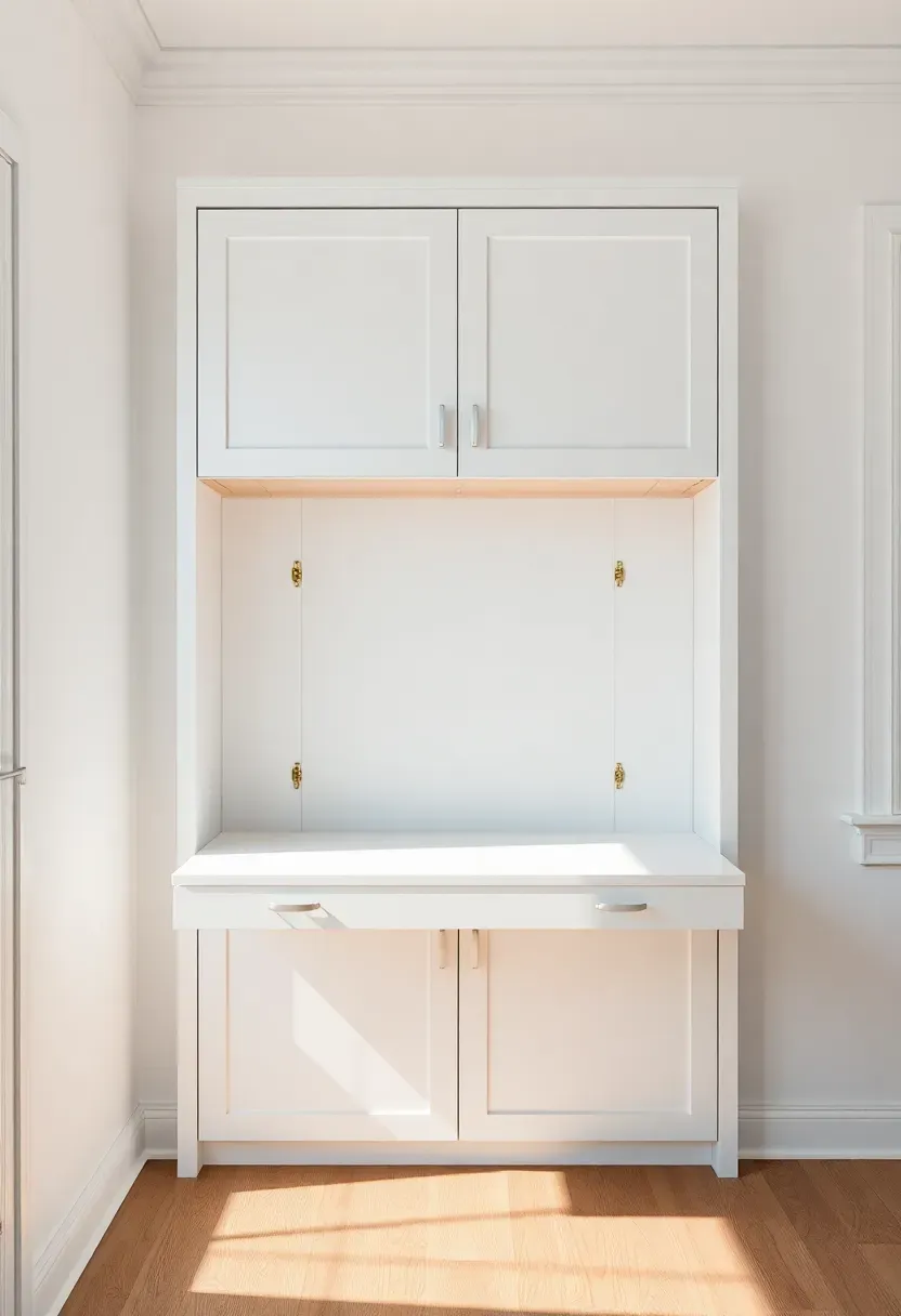 Hyper-realistic 3/4 view of a fold-down wall desk in closed position within white built-in cabinet in minimalist home office. Materials: white matte cabinet with fold-front panel, light wood interior visible when open, brass hinges, light oak floor. Clean white walls with cabinet appearing as storage rather than desk. Natural light from window. When closed, shows seamless front with minimal hardware. Sharp focus on cabinet details and clean lines. No visible desk contents or clutter. No text, no logos, no watermarks.</p>