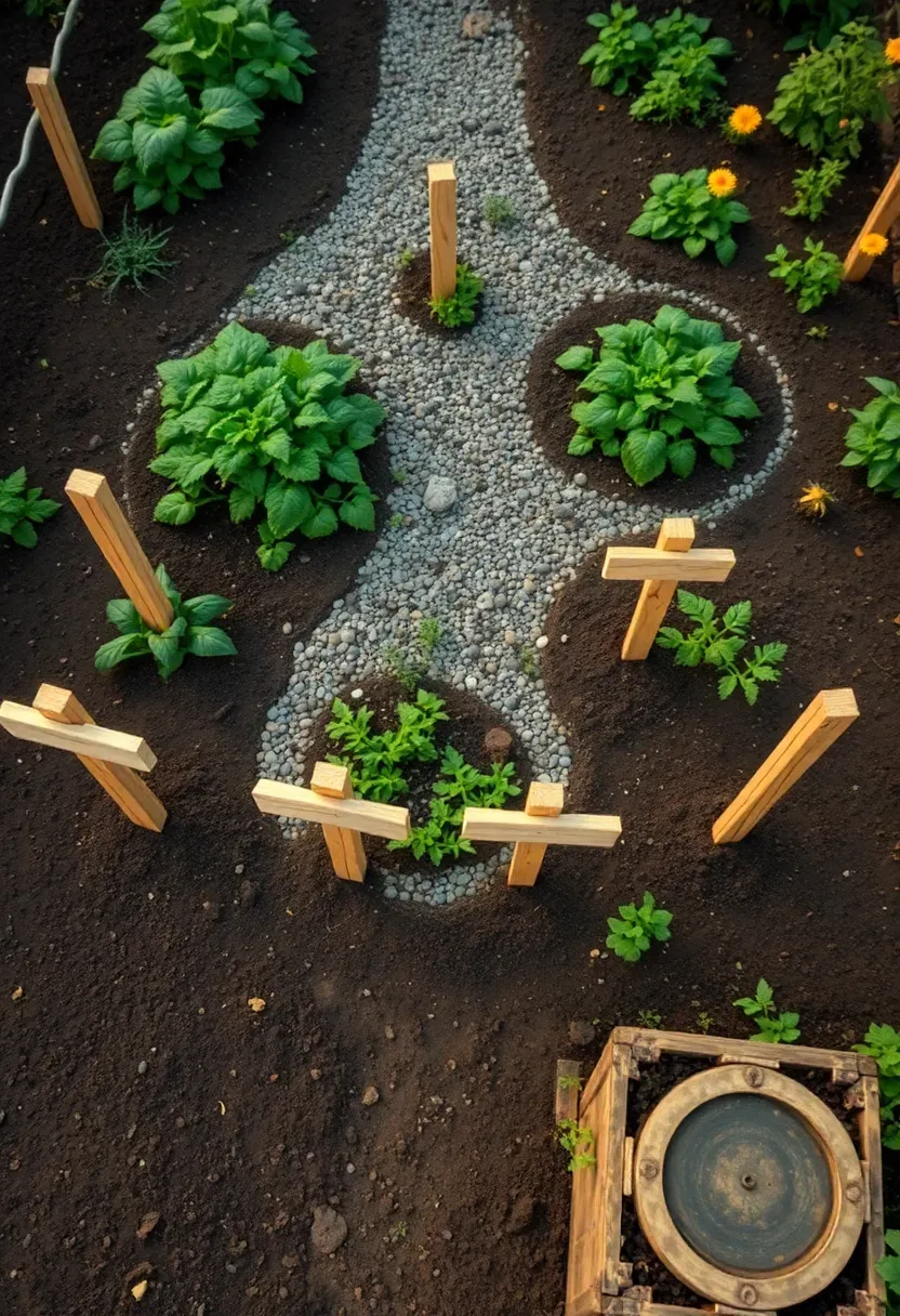 Permaculture zone layout garden with vegetable beds, herb spiral, compost bins, and wooden stake zone markers