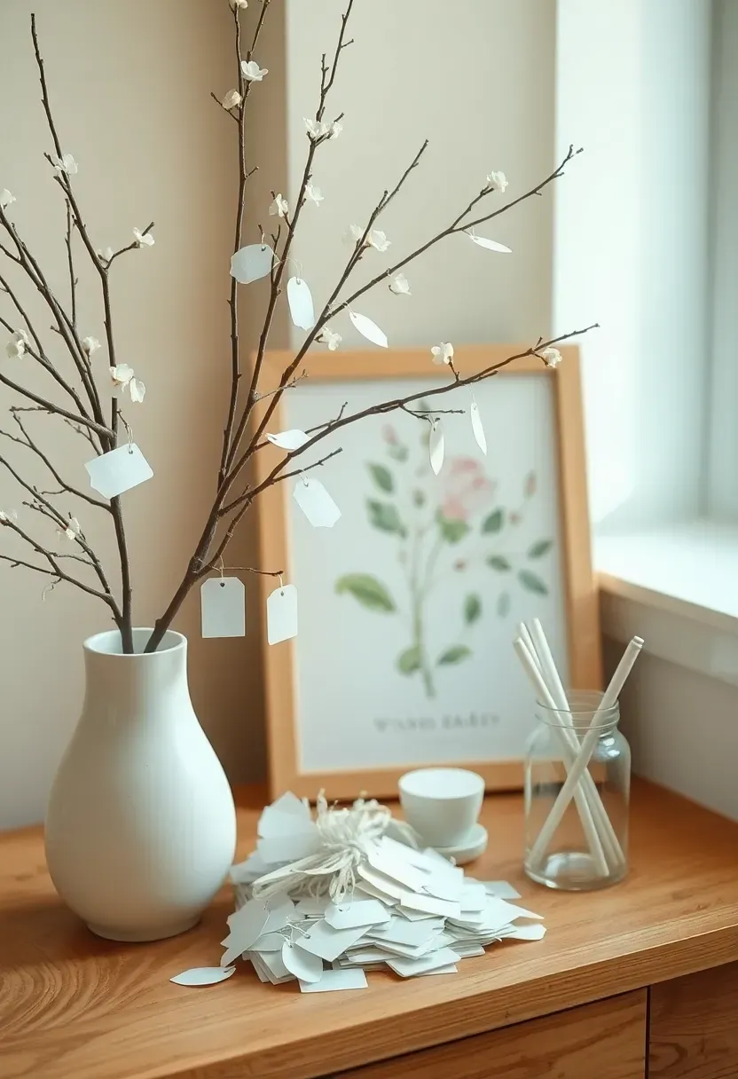 Baby shower wishes for baby blossom tree with paper tags on bare branches in white ceramic vase