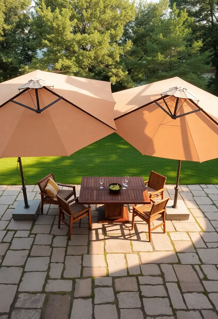 Three large cantilever umbrellas in neutral tones clustered over a backyard dining table and adjacent lounge area on a flagstone patio