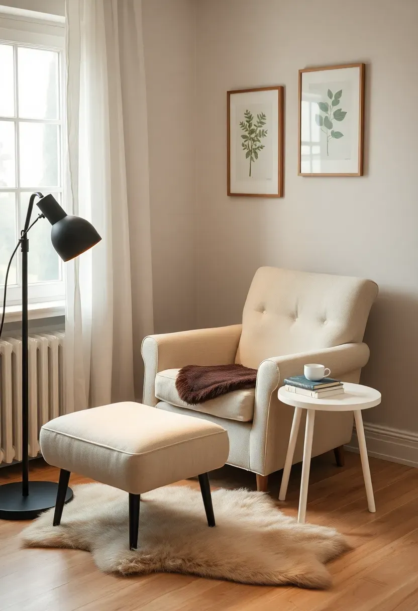 Hyper-realistic 3/4 view of cozy living room reading corner: cream linen armchair with matching footstool, black floor lamp arcing over with warm bulb, small round white side table with book and steaming mug, sheepskin rug on light wood floor, single framed botanical print above chair. Window visible in background with white curtains. Materials: linen upholstery, black metal lamp, white painted side table, ceramic mug, sheepskin, light oak floor, wood frame print. Soft window light (5000K) plus warm lamp glow (3000K), peaceful sanctuary mood like Kinfolk magazine, shallow depth of field chair details, composition showing distinct zone within larger room. No text logos watermarks.</p>