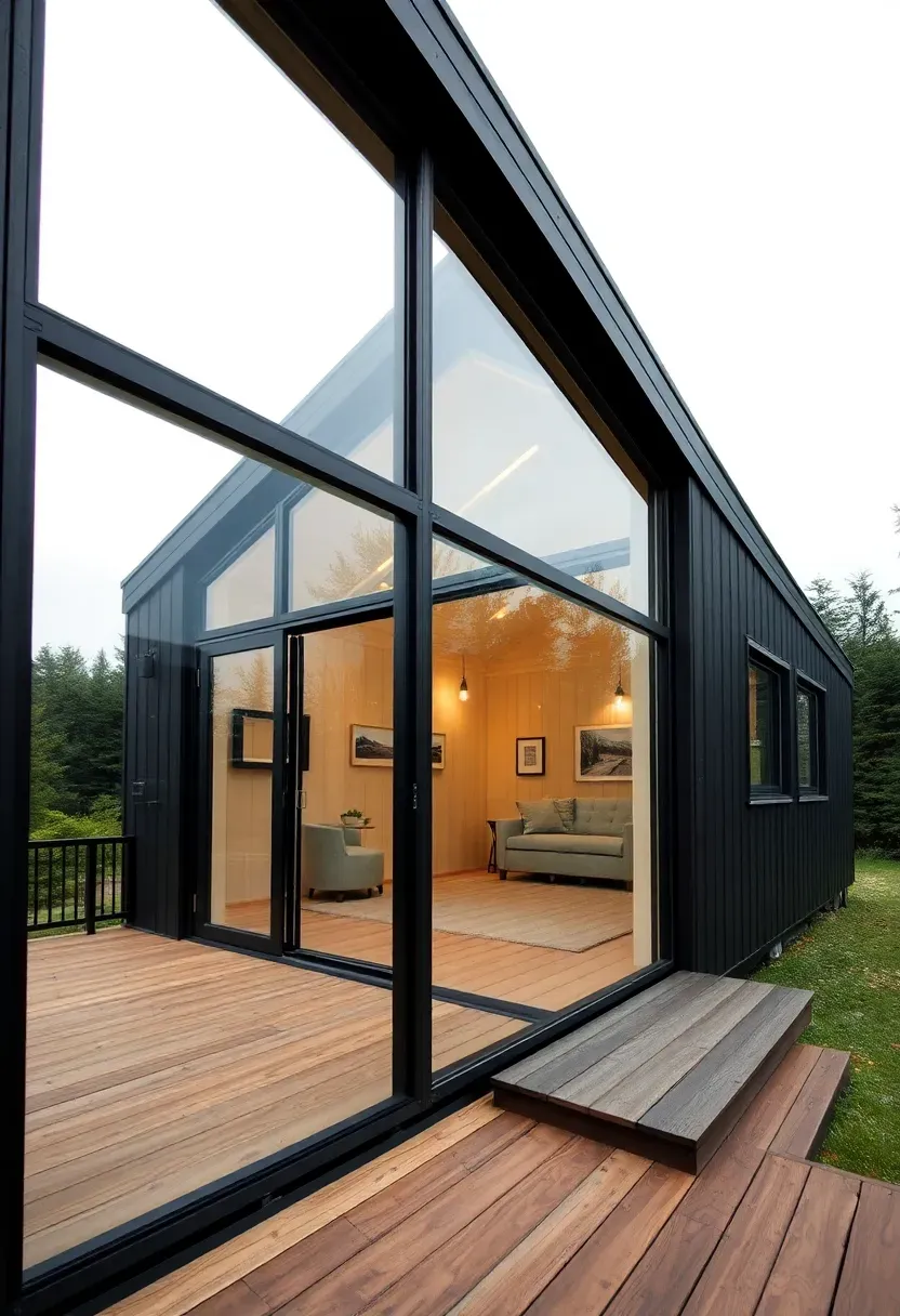 Hyper-realistic exterior view of modern tiny house with multi-slide glass door system partially open to deck. Materials: black aluminum frames, large glass panels, light wood interior flooring, wood deck. Natural daylight, overcast for even lighting. Contemporary design showing panels stacked to one side. Composition emphasizing indoor-outdoor connection. No text, no logos, architectural photography style.</p>