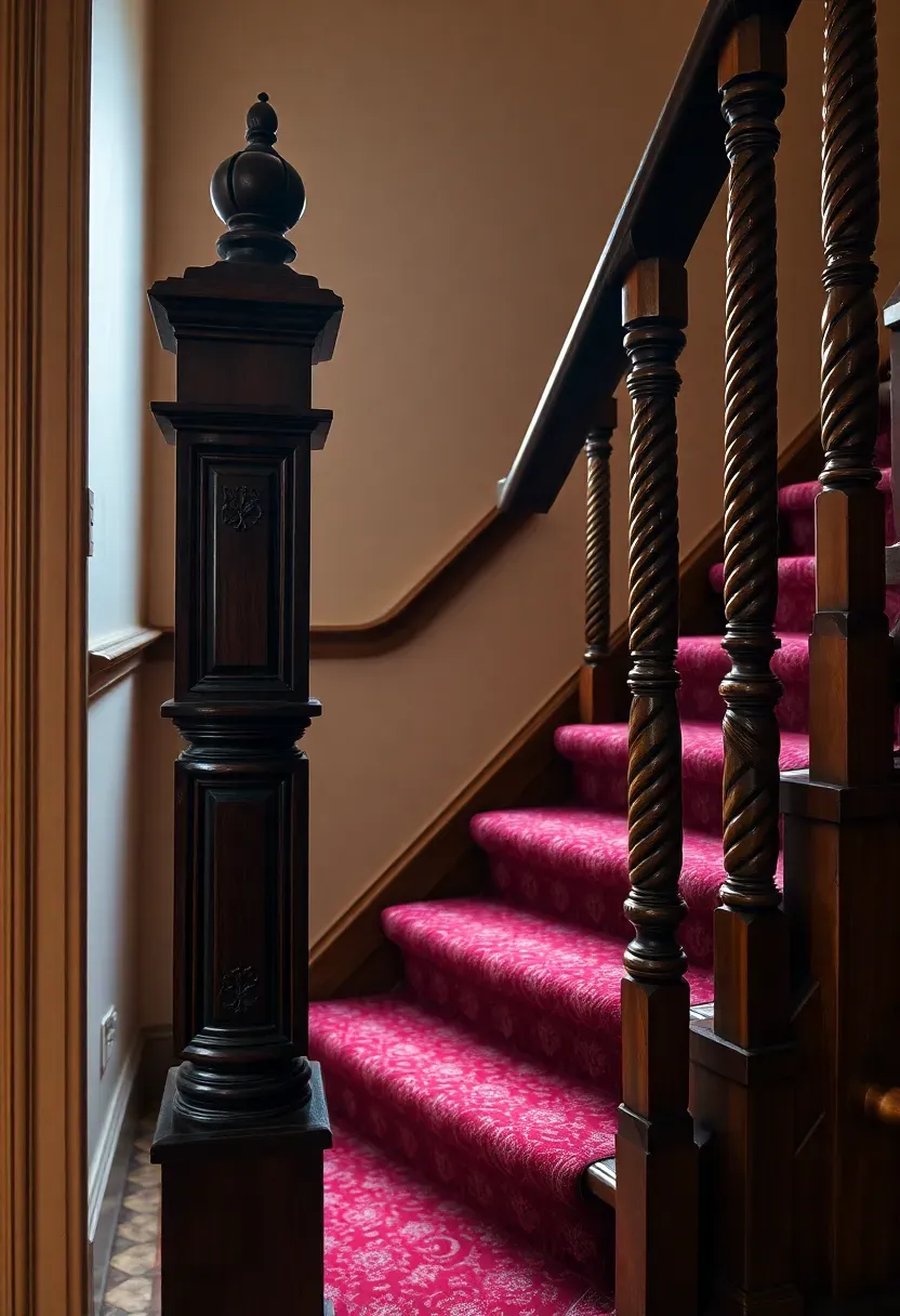 Victorian staircase restoration with ornate turned mahogany newel post with finial, carved balusters, deep red Axminster carpet runner, brass rods, and encaustic tiles at the base