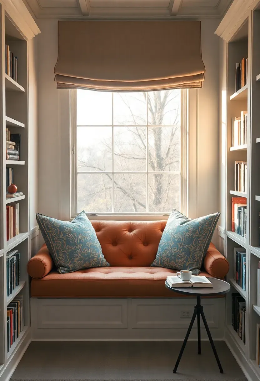 Hyper-realistic 3/4 view of a built-in window nook with flanking bookshelves and a cushioned bench. The bench features a thick tufted cushion in a soft terracota linen, piled with patterned pillows in complementary colors. Books fill the flanking shelves, a small round side table holds a coffee mug and book. Roman shade window treatment above. Materials: painted wood shelving, terracota linen cushion, patterned pillows. Warm natural light through window, creating inviting glow on fabrics. Cozy alcove mood like a favorite reading corner. Sharp details, visible tufting, no clutter.</p>