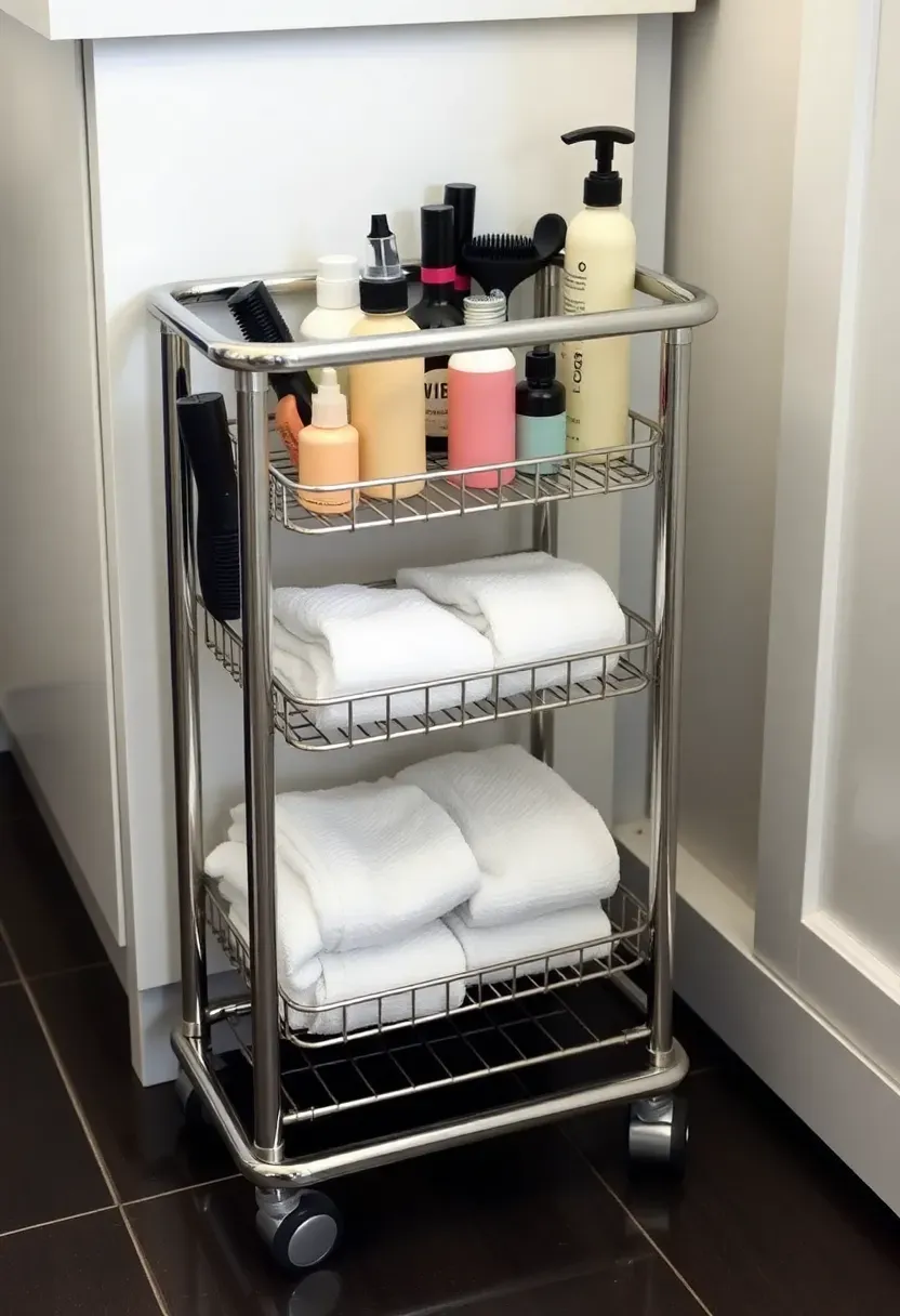 Slim metal pull-out cart with three wire shelves filled with bath products tucked beside a vanity cabinet