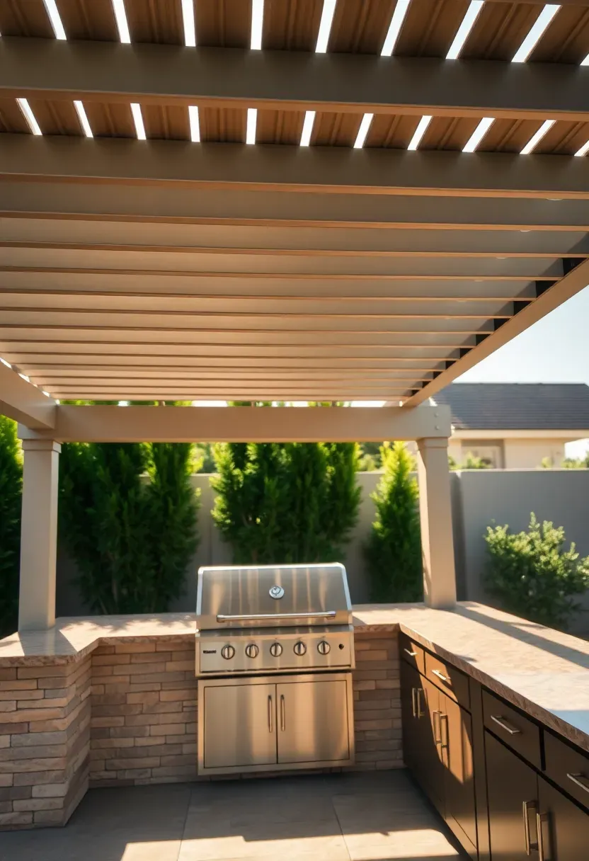 Motorized aluminum louvered pergola with tilted slats filtering sunlight over an outdoor kitchen area