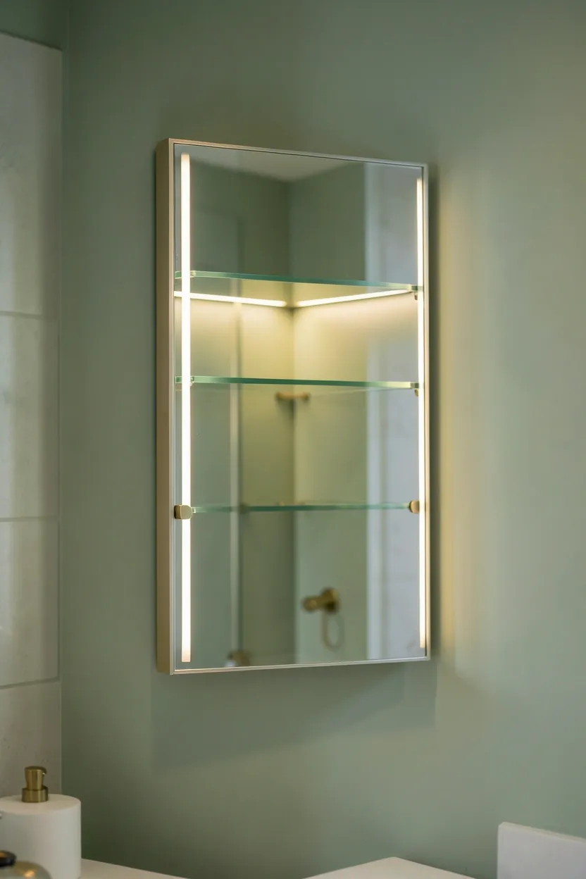 Flush-mount recessed medicine cabinet with mirrored door and integrated LED shelf lighting in a small bathroom