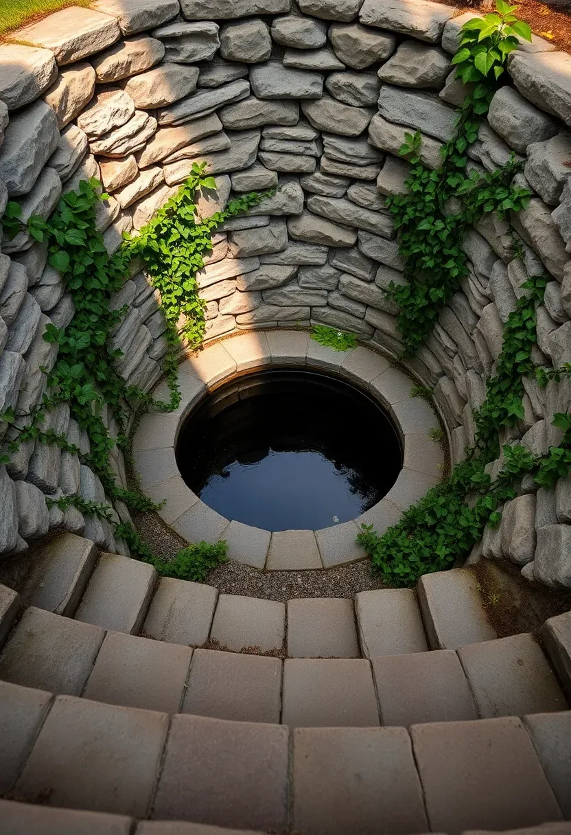 Sunken garden pond set below grade in a circular stone-walled depression, accessed by shallow steps, lush planting around the rim