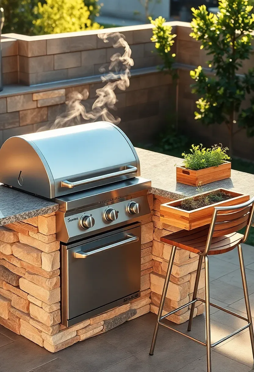 Outdoor kitchen and grill station on a sun terrace with stone countertops, built-in gas grill, bar seating, and herb garden planter nearby