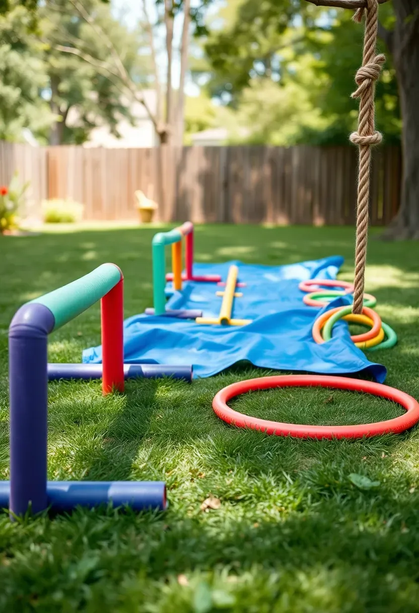 A backyard obstacle course for kids with pool noodle hurdles, a crawl-under tarp, hula hoops on grass, and a rope ladder on a tree, set up on a green lawn