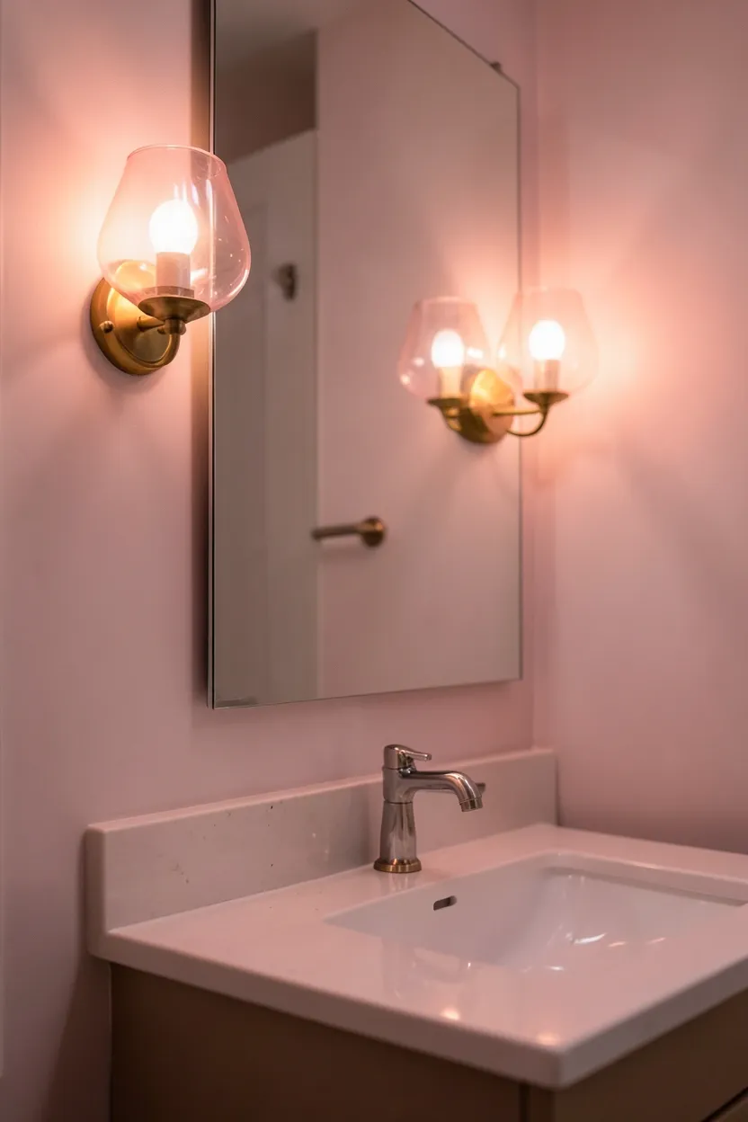 Blush pink glass bathroom sconces flanking a vanity mirror providing flattering warm light, pink lighting fixtures as bathroom decor