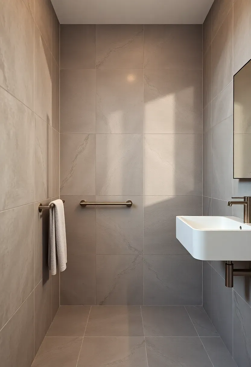 Neutral soft gray bathroom walls with white fixtures, brushed nickel accents, and warm towels creating a calm modern atmosphere