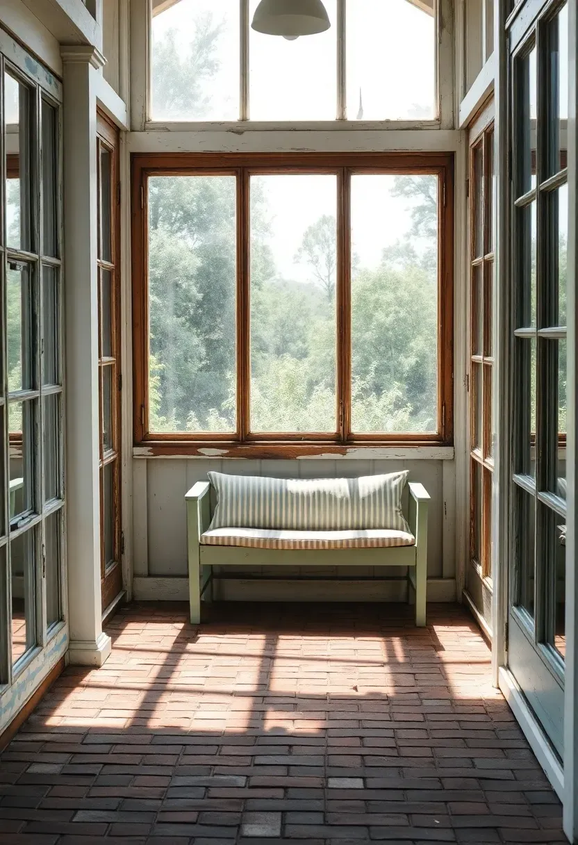 Back porch enclosed with reclaimed vintage window frames creating a charming sun room with garden views