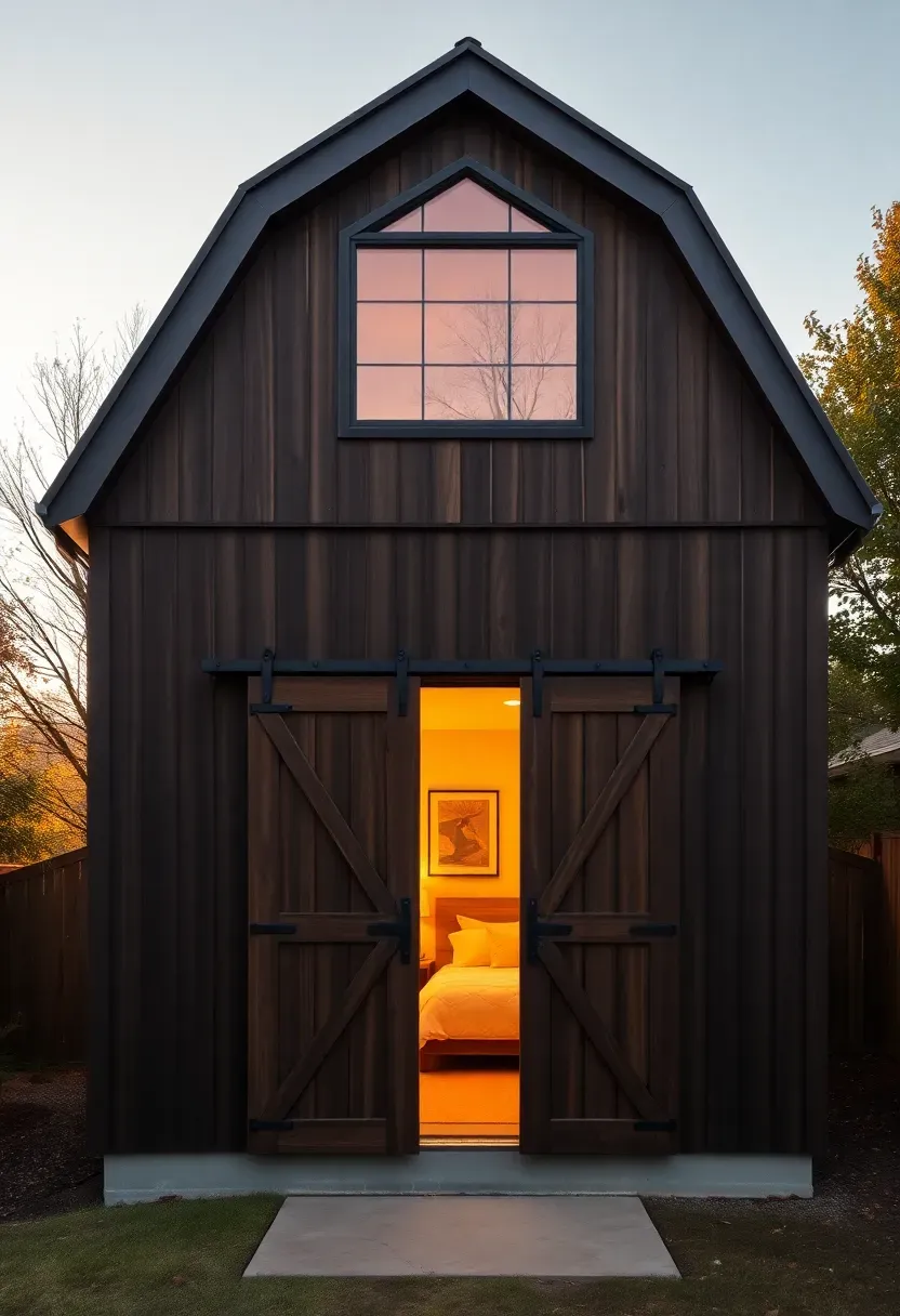 Rustic barn-style backyard ADU with board-and-batten siding, a gambrel roof, loft bedroom visible through a high gable window, and barn doors on a sliding track