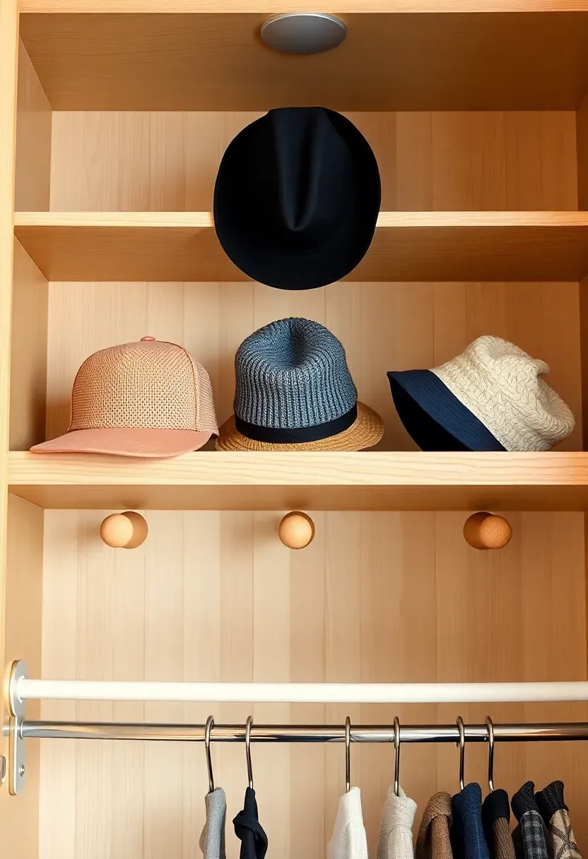 Wooden display shelf mounted inside a closet with evenly spaced pegs holding baseball caps, wide-brim hats, and beanies in a neat row
