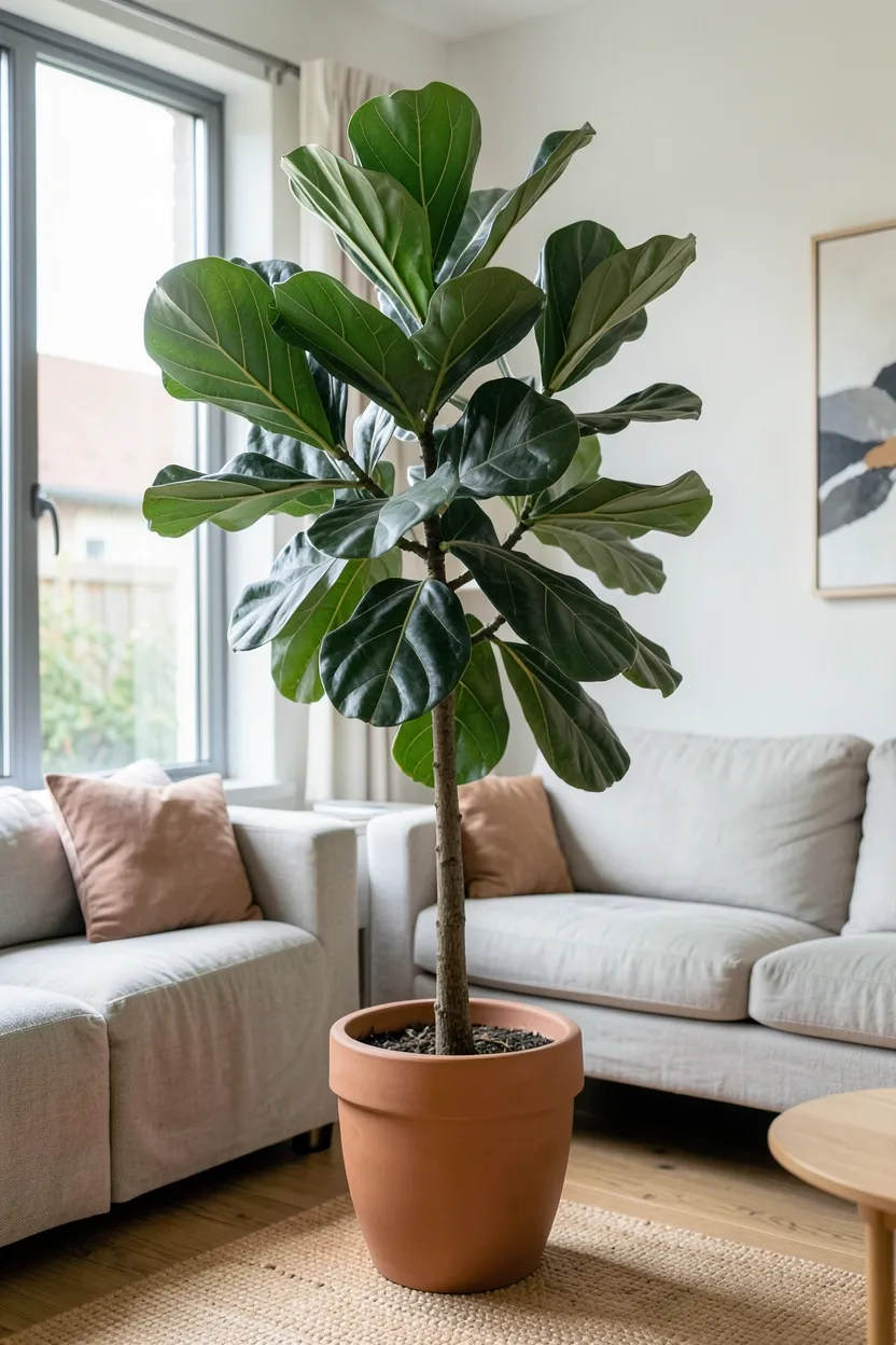Tall fiddle leaf fig in a terracotta pot placed in the corner of a sunlit modern rustic living room with wood floors