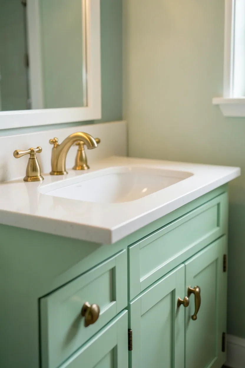 Apartment bathroom vanity in mint green with brass drawer pulls and faucet against light gray wall for a fresh, modern renter-friendly look