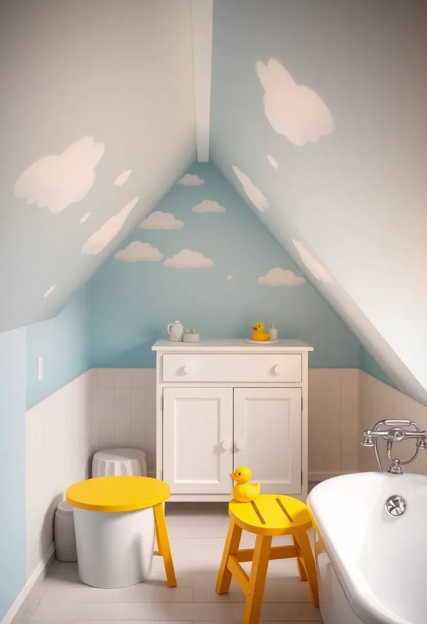 Children's attic bathroom with sloped ceiling painted in a soft cloud mural with hand-painted white clouds on pale sky blue, white star-knob vanity, yellow painted step stool, and rubber duck on tub ledge