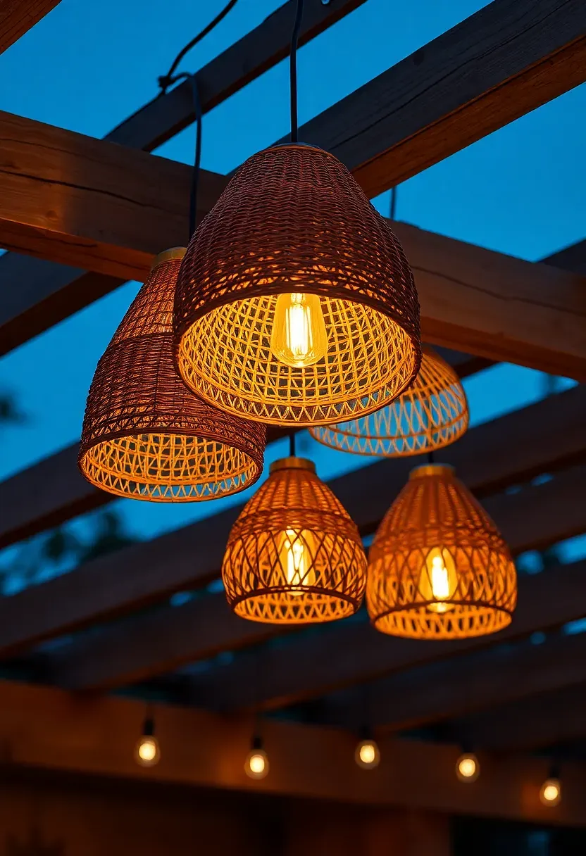 Woven rattan basket shades over pendant light fixtures hanging from a wooden pergola beam with warm evening light glowing through the weave