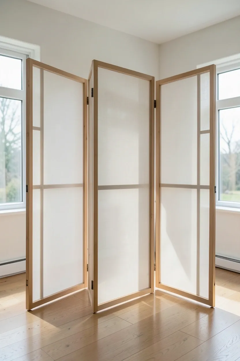 Light wood and sheer fabric folding screen dividing living and sleeping areas in a small Scandinavian studio apartment