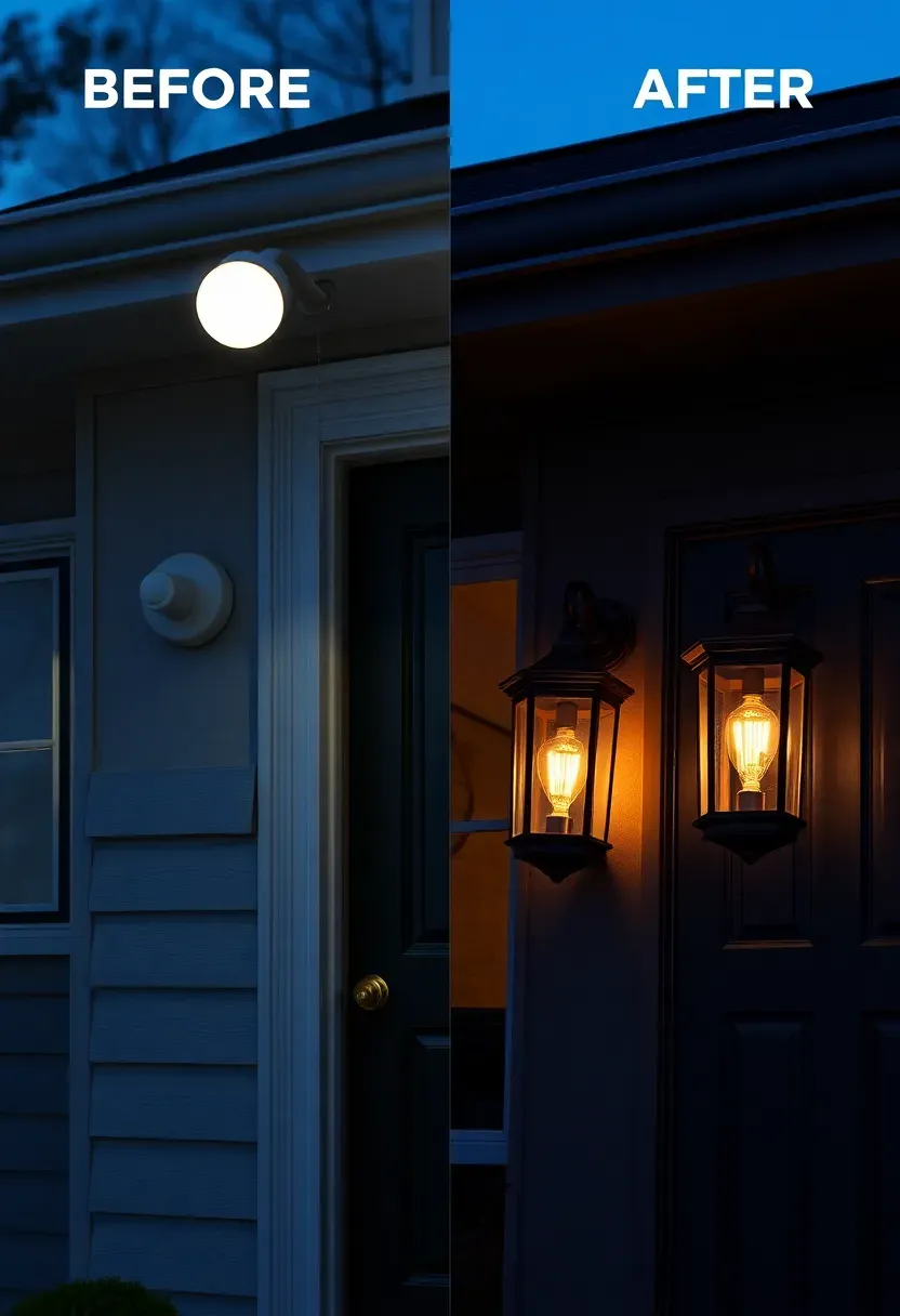 Before and after ranch porch showing a single bare bulb fixture replaced with two oil-rubbed bronze coach lantern sconces flanking the front door