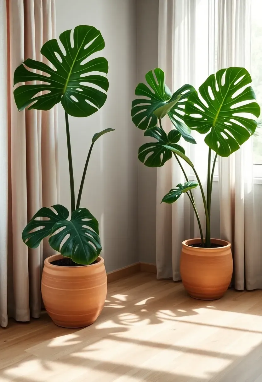 Hyper-realistic 3/4 view of an earthy modern living room corner featuring three Monstera deliciosa plants of varying heights (4ft, 5ft, 6ft) in unglazed terracotta ceramic planters with visible throwing rings.