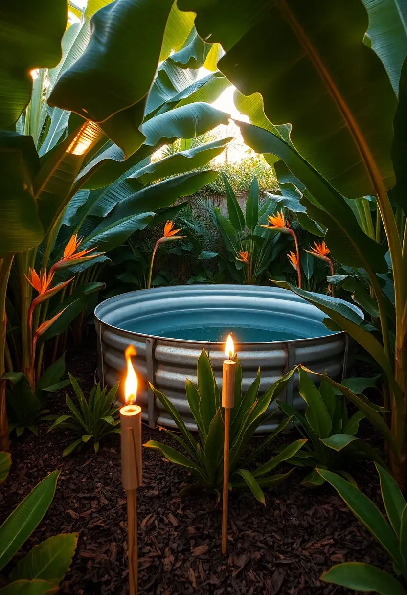 Stock tank pool surrounded by tropical plantings including banana trees, bird of paradise, and ferns with a tiki torch pathway leading to the pool