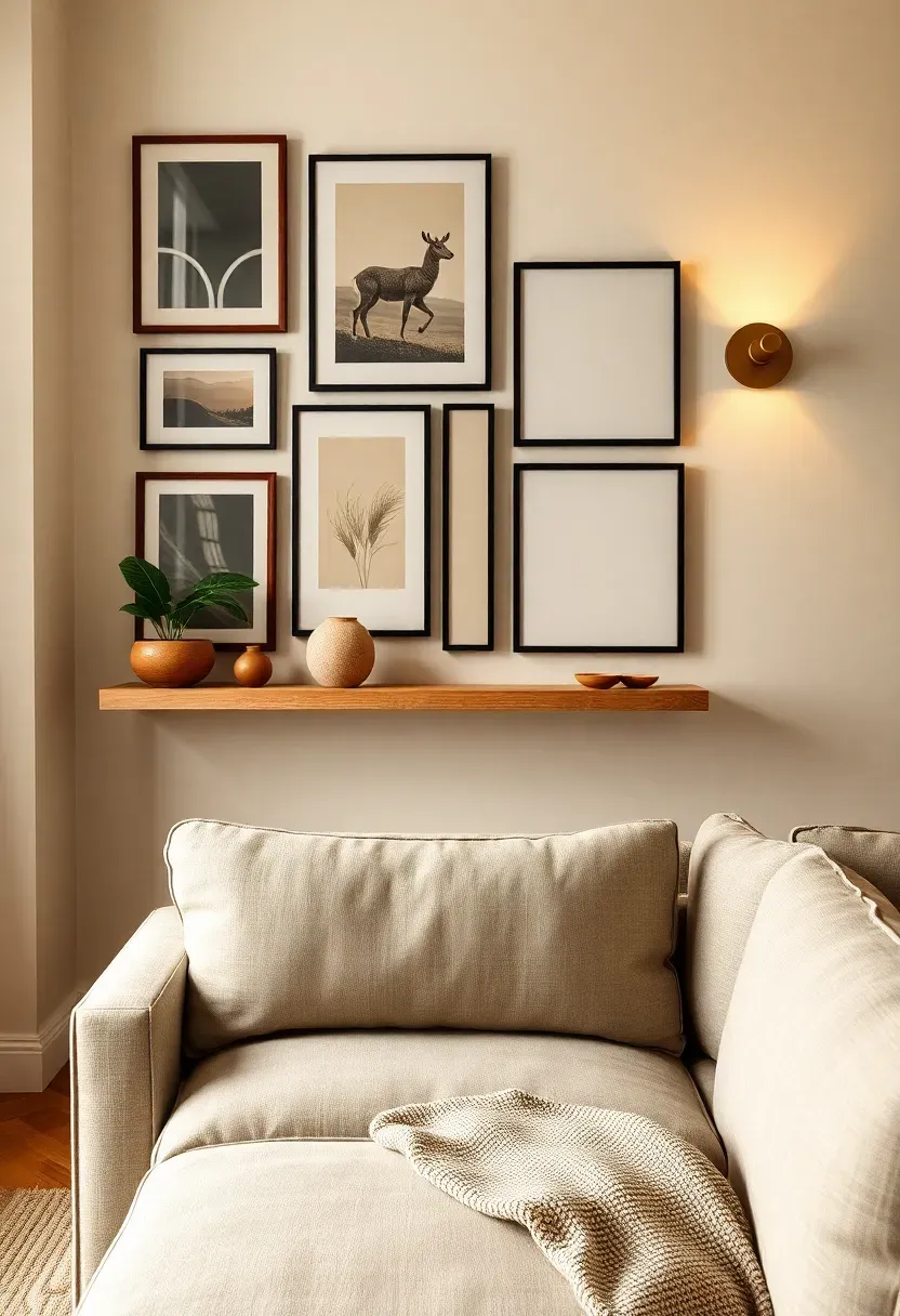 Fully styled living room feature wall — gallery of eight mixed-frame prints above a floating oak shelf with ceramics and trailing plant, slim sconce lit at right, linen sofa with textured throw in foreground