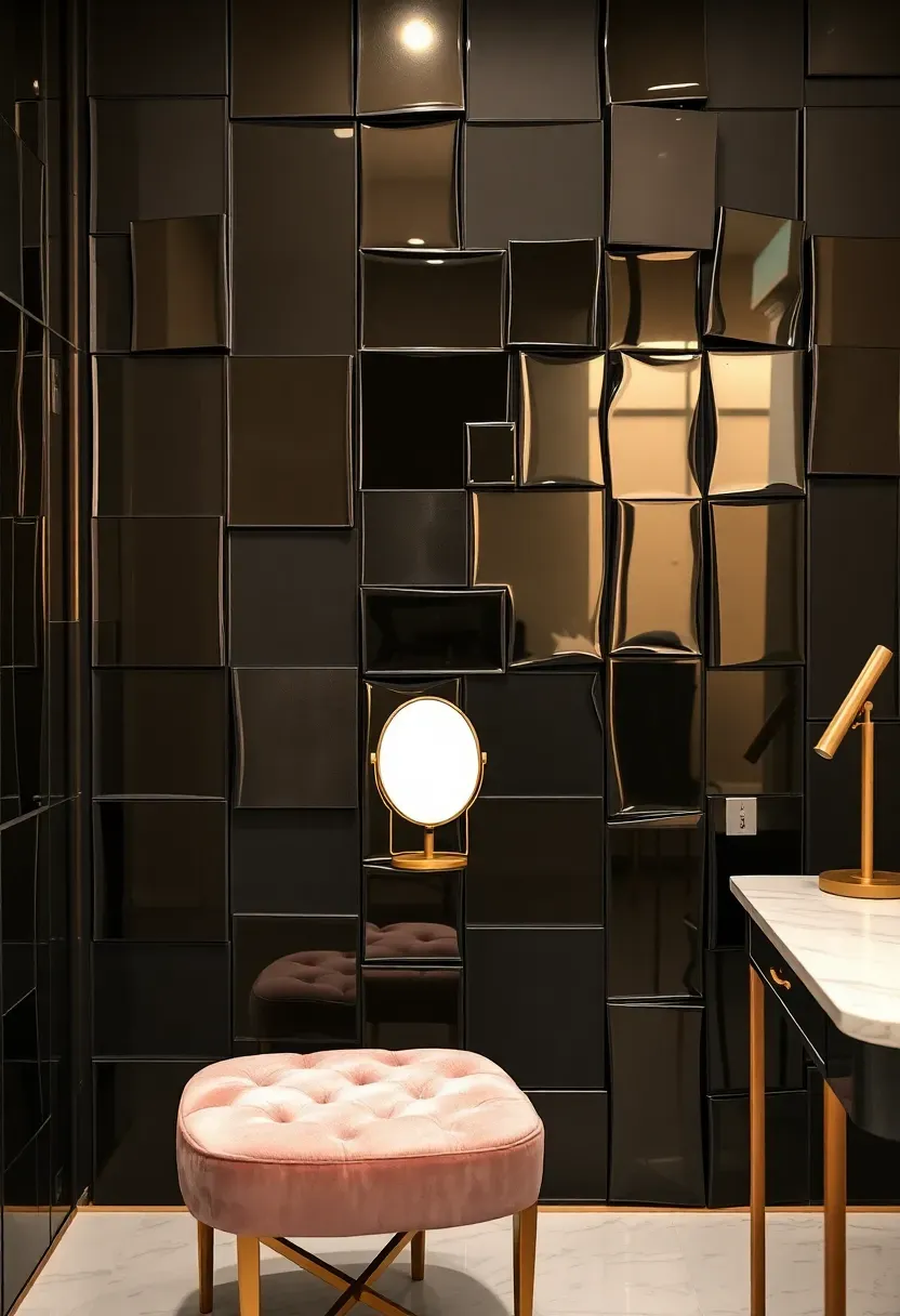 Glamorous dressing room with a smoked mirror patchwork accent wall featuring irregularly shaped antiqued mirror panels with dark smoky tones reflecting soft warm light