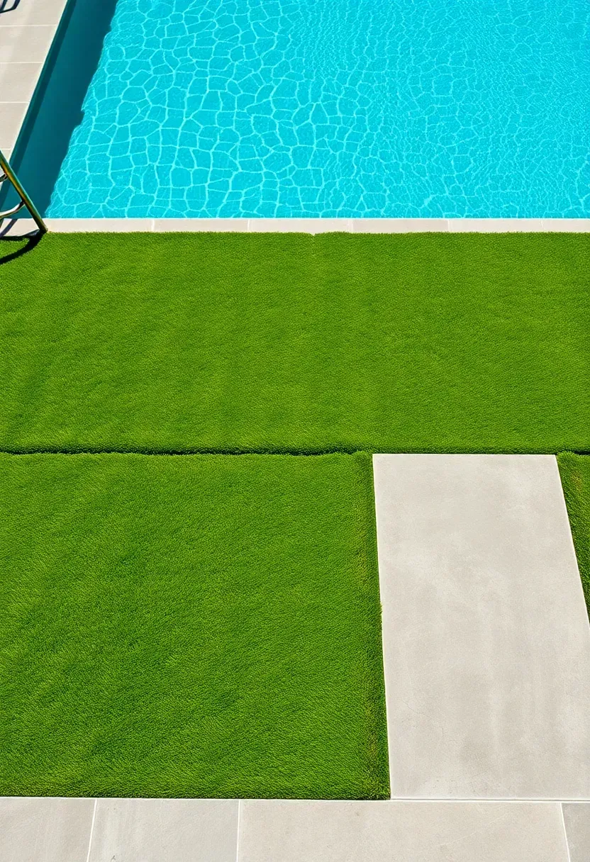 Sleek modern pool with geometric concrete pavers alternating with strips of green lawn, clean lines, and minimal plantings