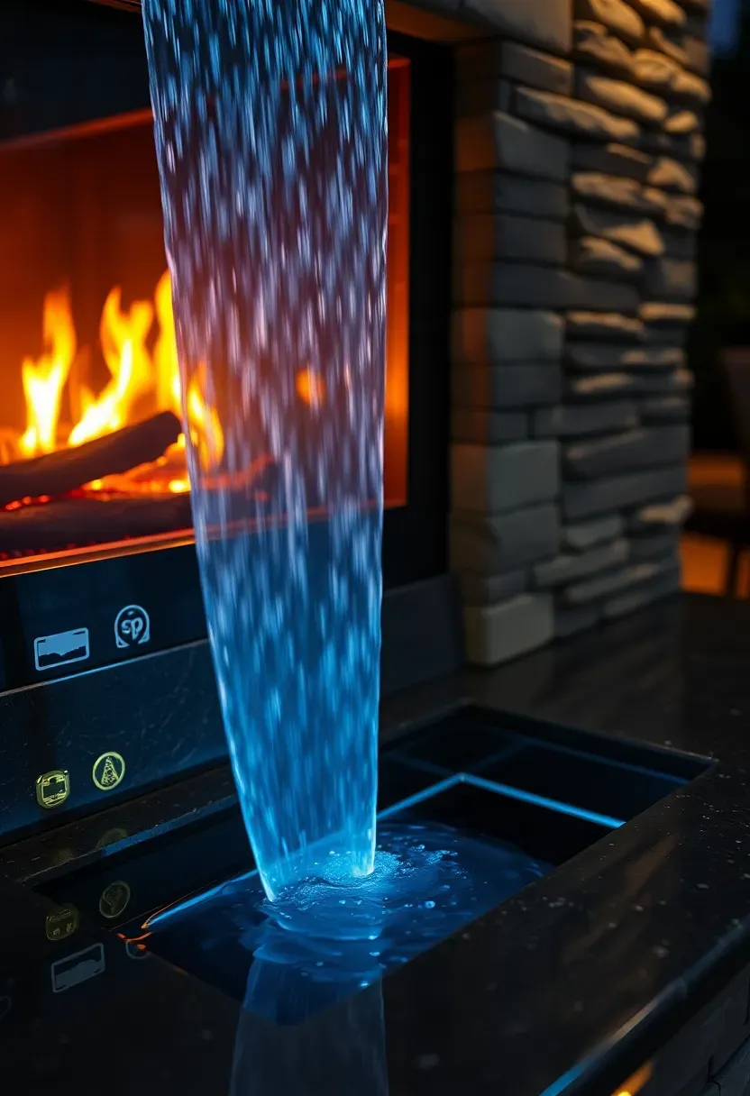 An outdoor fireplace with a thin water feature cascading down the stone wall beside the firebox creating steam and reflections