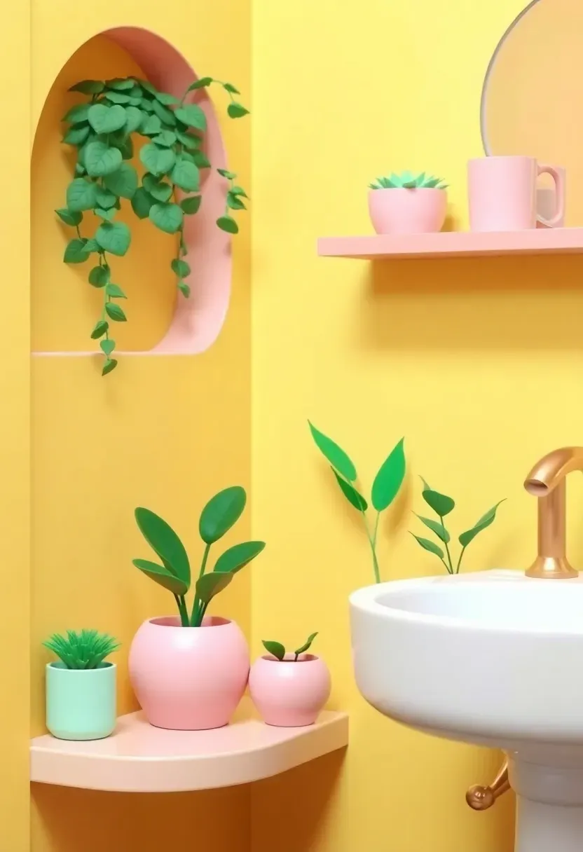 Mini plant corner in apartment bathroom with pink and mint green pots on yellow walls creating a cozy Toca Boca style vignette