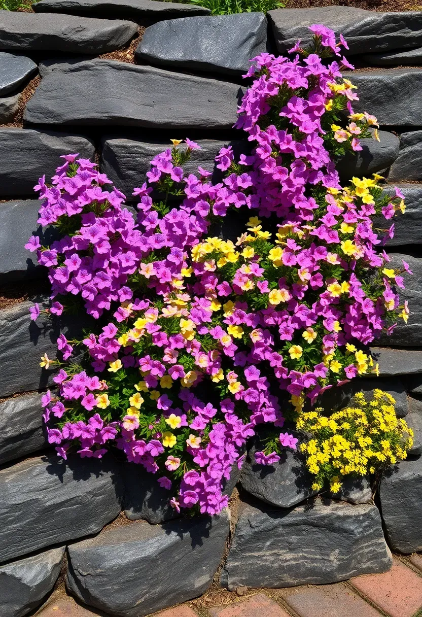 Garden wall of stacked dark slate with creeping phlox, aubrieta, and thyme cascading down between stone layers in a mix of purple and pink blooms
