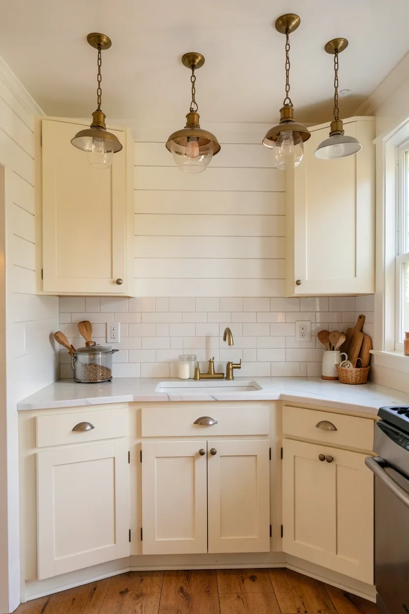 White shiplap accent wall in a small farmhouse kitchen with horizontal planks adding rustic texture — renter-friendly peel-and-stick option available