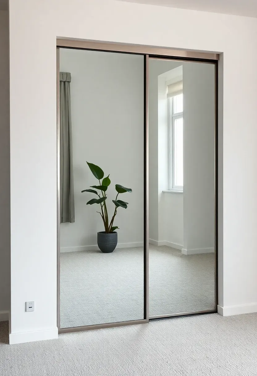 Full-length mirror sliding door on a sleek track covering a bedroom closet in a bright contemporary room