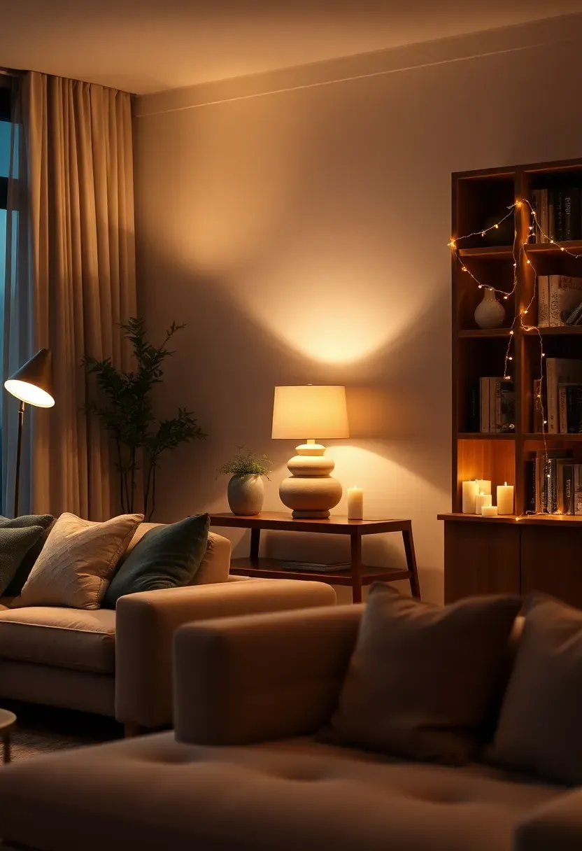 Living room at dusk with layered warm lighting including a floor lamp, table lamp, LED candles on a shelf, and a string light garland draped along a bookcase