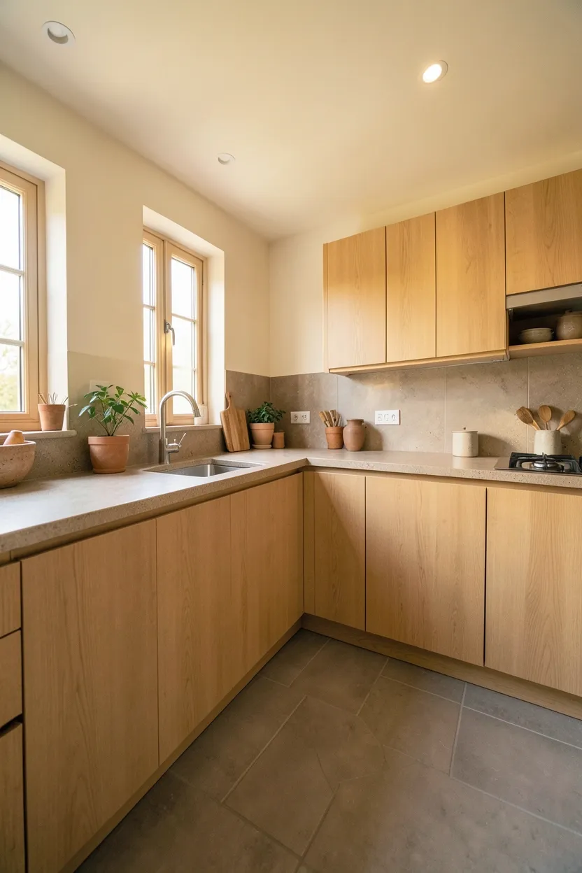 Seamless japandi kitchen with panel-front refrigerator and hidden appliances blending into light oak cabinetry